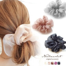 [Noelmarket] Scrunchie Large Hair Elastic Stylish Black Ribbon Hair Accessories, Organza Volume, Bundled Hair, Navy, Office Accessories, Big Scrunchie (Black)