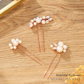 Heread Pearl Bride Wedding Hair Pins Crystal Bridal Headpiece Hair Accessories for Women and Girls （Pack of 3） (Rose Gold)