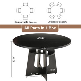 HELLYMOON 47" Round Dining Table for 4-6 Black, Farmhouse Wood Circle Dinner Table, Modern Wooden Circular Dinner Tables Easy Assembly for Dining Room/Kitchen/Living Room/Apartment (Table Only)