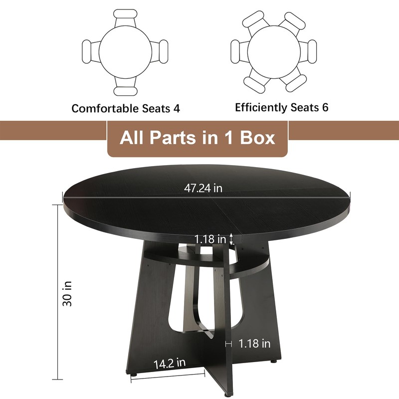 HELLYMOON 47" Round Dining Table for 4-6 Black, Farmhouse Wood