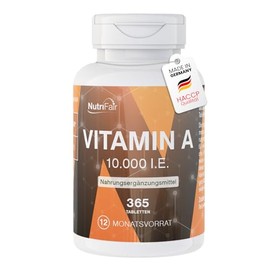 Vitamin A 10.000 I.E. - 365 Tabletten - 3000μg Retinylacetat - Hochdosiert - 100% Vegan – Deutsche Produktion & Laborprüfung - NutriFair | Premium & Fair