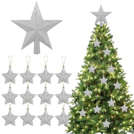DIODUODA Christmas Tree Topper Star Xmas Tree Star-Shaped Pendants Gold Glitter Tree Top Star Decoration 6 inches Christmas Tree Star with 12 Pcs Mini Gold Glitter Star Pendant (Silver)