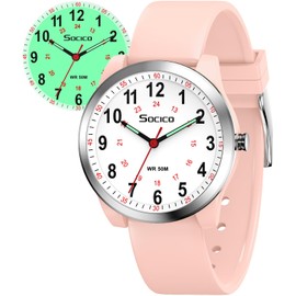 Nurse Watch for Women Men Students - Featuring Military Time Luminous Easy-Read Dial 12/24 Hour Display Second Hand and 50M Waterproof Watch with Silicone Band(Pink)