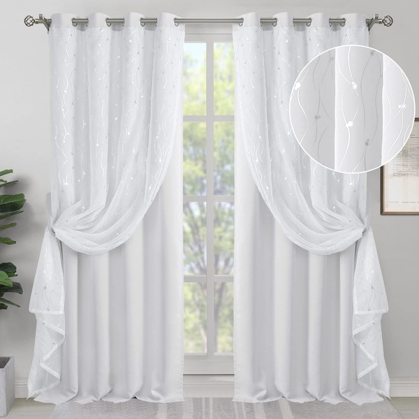 BGment Room Darkening Curtains with Sheer Overlay, Silver Printed Double Layer Curtains for Living Room, Grommet Thermal Insulated Curtains for Bedroom, 2 Panels Each 52 x 84 Inch, Greyish White