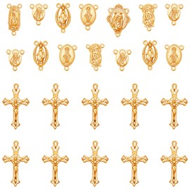 60Pcs/30Sets Rosary Making Kits Supplies Religion Cross and Center Medal Charms Jesus Crucifix Oval Alloy Pendant for Diy Prayer Necklace Catholic Jewelry