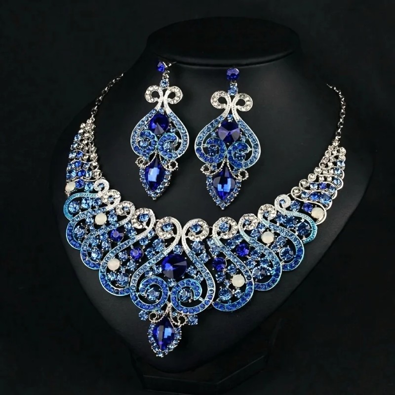 2pcs Luxurious Retro Style Blue Crystal Flower Necklace and Earrings