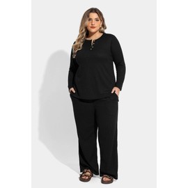 TIYOMI Plus Size 2 Piece 5X Black Long Sleeve Waffle Outfits For Women Button V Veck Suits Lounge Sets Fall Knitted Sweater Top & Wide Leg Pants 5XL 26W 28W