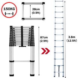 Stainless Steel Telescopic Ladder 3.8M/12.5FT, Portable Folding Extension Ladder, 2.5M+2.5M Loft Ladder with Nonslip Rubber Feet for Home RV Outdoor, EN131 Certified, Max Load 330LB