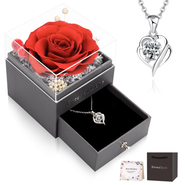 CSYY Eternal Rose, Gifts for Women Infinity Roses with 925 Sterling Silver Chain Jewellery Handmade Preserved Roses Jewellery Gift Box for Women Mum Sister Wife on Christmas