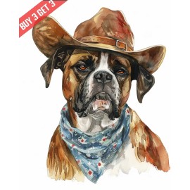 Boxer with a Cowboy Hat and Bandana Watercolor Painting Print 8x10