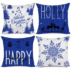 Miaikoe Blue Christmas Cushion Covers 50x50 Set of 4 Christmas Decorations Happy Holidays Holly Jolly Snowflake Merry Christmas Decor Throw Cushion Case for Home Couch Sofa Deco