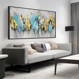 HUBOSKN Leaf Painting Wall Art for Living Room - Modern Hand Painted Wall Art for Office - Big Picture Frames for Wall Size 29" x 59"