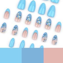 24Pcs Blue Flower Small Daisy Press on Nails Almond Medium Fake Nails Gradient Blue False Nails Spring Summer Floral Acrylic Nails Full Cover Stick on Nails Artificial Nails for Women DIY Manicure