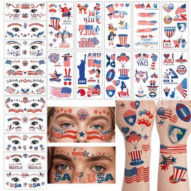 20 Sheets 4th of July Tattoos Decorations Independence Day Face Body Temporary Tattoo Stickers Waterproof Red Blue White Fourth of July Outfit Accessories Patriotic Memorial Labor Day Party Supplies