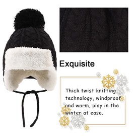 PEECABE Kids Winter Knitted Hat Baby Earflap Beanies Fleece Winter Beanie with Pompom Warm Toddler Hats Boys Girls 0-8Y (Black, 2-5 Years)