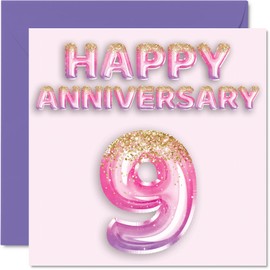 Pretty Willow Anniversary Card for Wife Girlfriend Husband Boyfriend - Pink Purple Glitter Balloons - Happy 9th Anniversary Cards from Family, 5.7 x 5.7 Inch Greeting Cards for Ninth Anniversaries