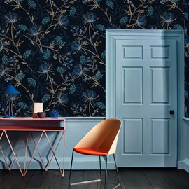 VEELIKE Dark Dandelion Floral Wallpaper Peel and Stick Vintage Blue Botanical Wallpaper for Bedroom Bathroom 17.7''x118'' Floral Removable Wallpaper Prepasted Floral Contact Paper for Walls Cabinets