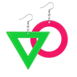 Mintolex 80s 90s Neon Earrings for Women Retro Triangular Circle Acrylic Drop Dangle Earrings for 80’s Outfits Costume Glow Party Jewelry Accessories, Green Triangle Hot Pink Circle