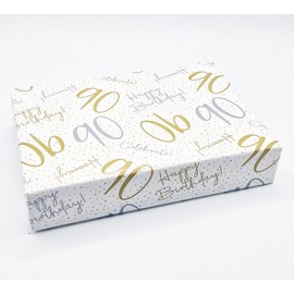 4 Sheets 4 Tags 90th Happy Birthday Celebrate Hooray White Gold Silver Unisex Wrapping Paper Age 90 Birthday Male Female Giftwrap (PA)
