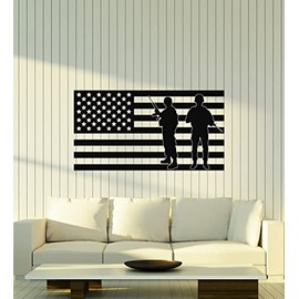 Vinyl Wall Decal American USA Flag Soldier with Guns Patriot Military Army Stickers (4401ig) Black