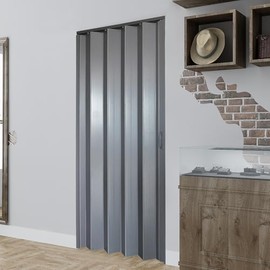 DIYHD 36X96in Interior Folding PVC Accordion Door,Grey,Include Door and Mounting Hardware,Handle,Latch,Folded Width 5-1/8"