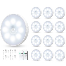 YLXS Motion Sensor Puck Light with Remote, Wireless Dimmable Under Cabinet Lighting, Rechargeable Magnetic Closet Night Light, 12-Pack, Cool White