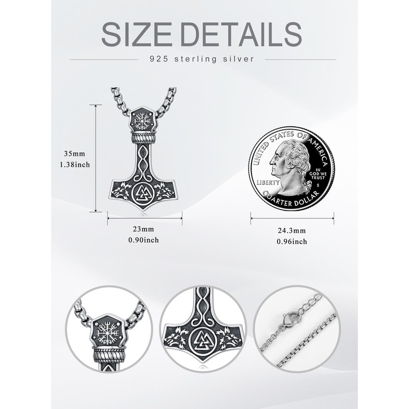 Cargari Thor Hammer Necklace Sterling Silver Mjolnir Pendant Viking Runes