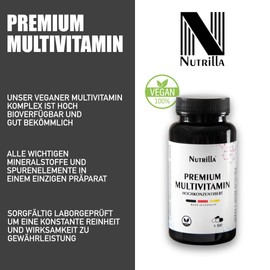 Nutrilla Premium Multivitamin – hochdosierte Komplex-Kapseln – wertvolle Vitamine A-Z – Premium-Rohstoffe – ohne unnötige Zusätze – Vegan