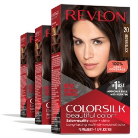 Revlon Permanent Hair Color, Permanent Hair Dye, Colorsilk with 100% Gray Coverage, Ammonia-Free, Keratin and Amino Acids, 20 Brown Black, 4.4 Oz (Pack of 3)