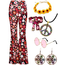 YADODO YADODO Hippie Kostüm Damen Set Hippie Schlaghose Damen Bunt Hippie Peace Kette Brille Stirnband 60er 70er Jahre Outfit Damen Party Boho Hippie kleidung Damen Hosen 70er Jahre Bekleidung Damen(XXL)