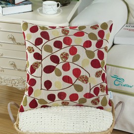 CaliTime Cushion Cover Throw Pillow Case Shell for Couch Sofa Home Decoration Luxury Chenille Cute Leaves Both Sides 18 X 18 Inches Ecru Red