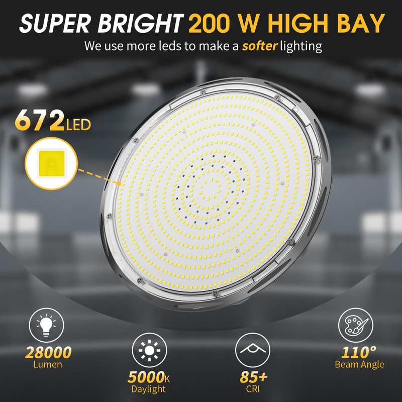 Elaruslux 200W UFO LED High Bay Light with Diffuser 28,000lm