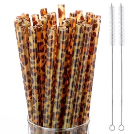 Pack of 50 Reusable Leopard Pattern Plastic Drinking Straws Printed Animal Straws Safari Theme Plastic Straws and 2 Cleaning Brushes for Birthday Party Favours
