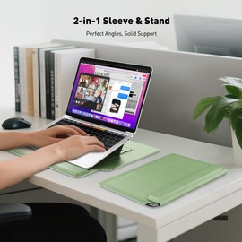 AboveTEK 2-in-1 Laptop Sleeve Case with Stand for 13-14 inch Laptops, Lightweight Leather Sleeve Bag with Ergonomic Wrist Cushion & Adjustable Angles, Protective Bag for MacBook (Sage Green)