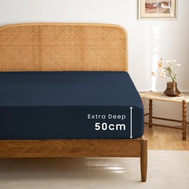 Wake In Cloud - Extra Deep Queen Fitted Sheet 1 Piece - 50cm Deep Pocket Bed, 1000TC Ultra Soft Microfiber, Navy Blue, Queen Size