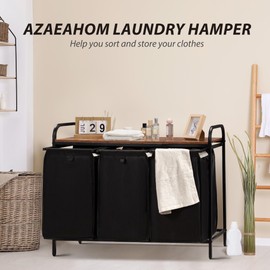 Azaeahom 3 Section Laundry Hamper with Shelf, Laundry Basket Organizer with 3 Pull-Out Removable Bags 3×12.3Gal(46.6L), Laundry Sorter for Clothes Organization in Bedroom, Laundry Room, Brown