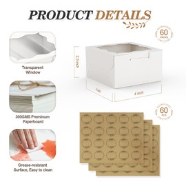 Reynards 60 Pcs Cookie Boxes 4x4x2.5 Inche, White Bakery Boxes with Clear Window for Donuts