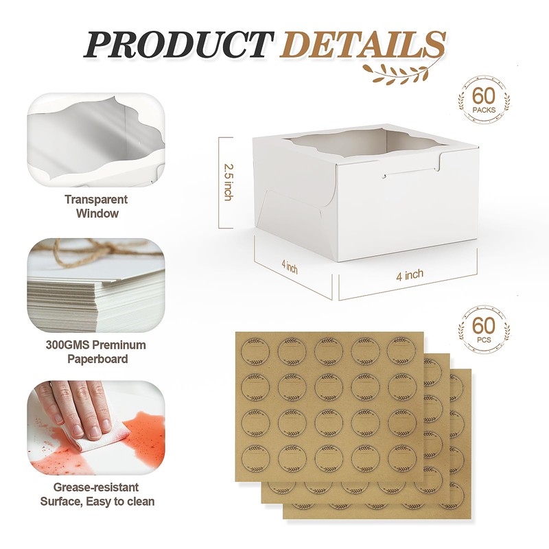 Reynards 60 Pcs Cookie Boxes 4x4x2.5 Inche, White Bakery Boxes