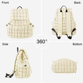 XSUIOY Quilted Backpack Purse for Women Small Lightweight Puffer Puffy College Laptop Backpack Nylon Casual Bookbag Daypack Top Flap Drawstring Padding Hiker Travel Gym Backpack(Beige)