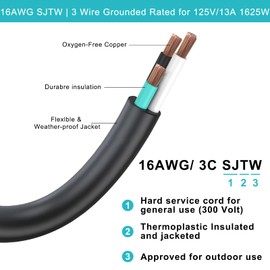 [Paquete de 2] Cable de extensión de alimentación resistente a la intemperie para jardín negro – Enchufe plano de perfil bajo de 3 puntas calibre 16 SJTW con conexión a tierra, cable de extensión