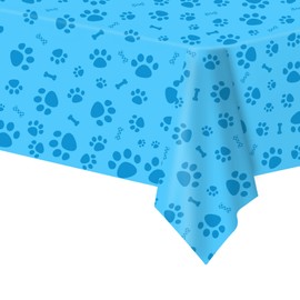 Paw Print Tablecloth, 1 Pack Large Size Plastic 54"x108" Dog Paw Print and Bone Sign Tablecloths, Cute Table Cover for Kids Boy Girl Puppy Dog Birthday Party Supplies- Blue