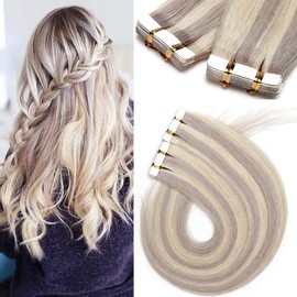 12 inches SEGO Tape in Human Hair Extensions 20 PCS [#60PGREY Platinum Blonde&Grey] 100% Remy Real Straight Seamless Balayage (40g)