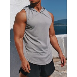 ROGUDUA Men's Workout Sleeveless Hoodie Quick Dry Gym Shirts Running Hooded Tank Top Grey US Size XL