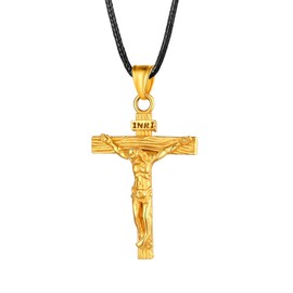 U7 Kreuz Halskette Edelstahl INRI Kruzifix Jesus Christus Anhänger mit 55cm Kunstleder Kette 18k vergoldet Katholischen Christian Modeschmuck für Damen Herren, Gold-Ton
