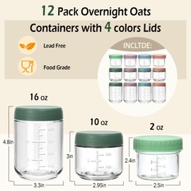 12 Pack Overnight Oats Containers with Lids, 16oz/10oz/4oz Glass Jars with Airtight Lids, Wide Mouth Mason Jars, Reusable Food Storage Containers for Oats, Chia Pudding, Salad, Spice, Meal Prep