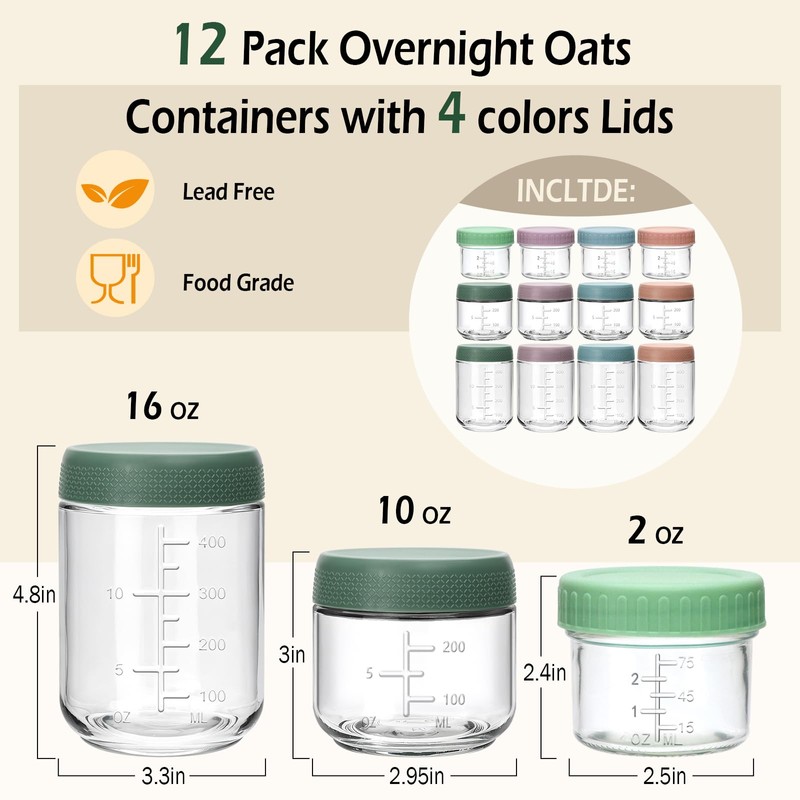 12 Pack Overnight Oats Containers with Lids, 16oz/10oz/4oz Glass Jars