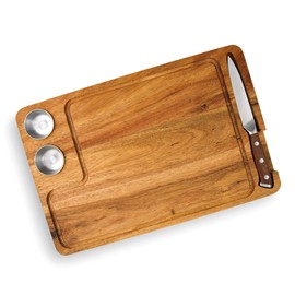 Yukon Glory Steak Board for Serving Steak, Meat, and Poultry in Style, Premium Acacia Wood, Includes Sauce Cups and Steak Knife