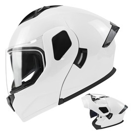 TTMiku Pearl White Motorcycle Dual Visor Flip Up Modualr Full Face Helmet, Adult Men Women ATV Street Dirt Bike Racing Motocross Casco, DOT Certified, Medium