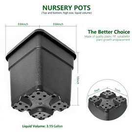 RainMan S 10-Pack Square Planter 3 Gallon Nursery Pots, Injection Molded Plastic Gardening Pots for Indoor Outdoor, Black