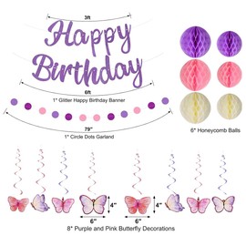 Purple Pink Birthday Decorations, Glitter Happy Birthday Banner, Honeycomb Ball, Butterflies Hanging Swirl Streamers, Circle Dot Garland - Birthday Party Decorations Party Supplies for Women Girls
